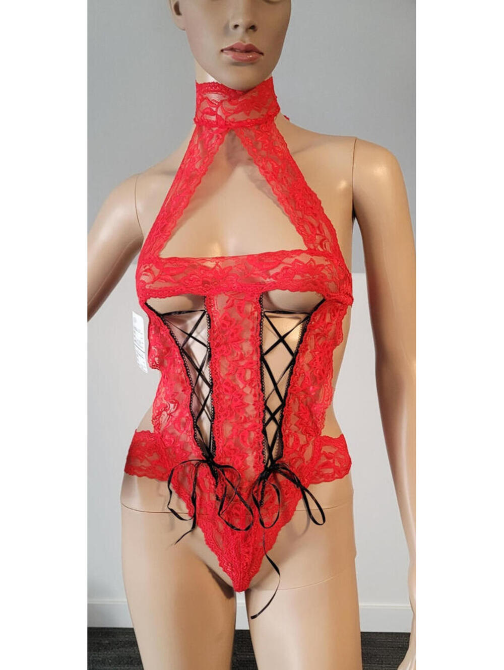 Women's Sexy Red with Black Lace Up Nylon Teddy  With G-String Bottom Size S/M